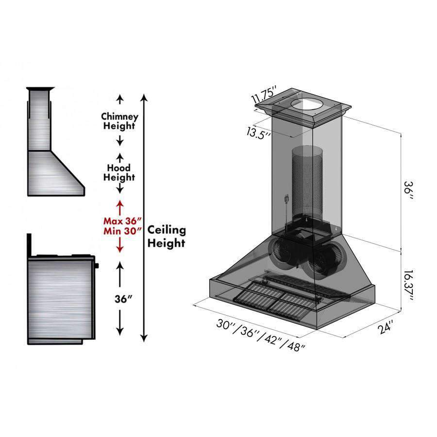 Wall-mounted range hood dimension diagram showing chimney and canopy outline