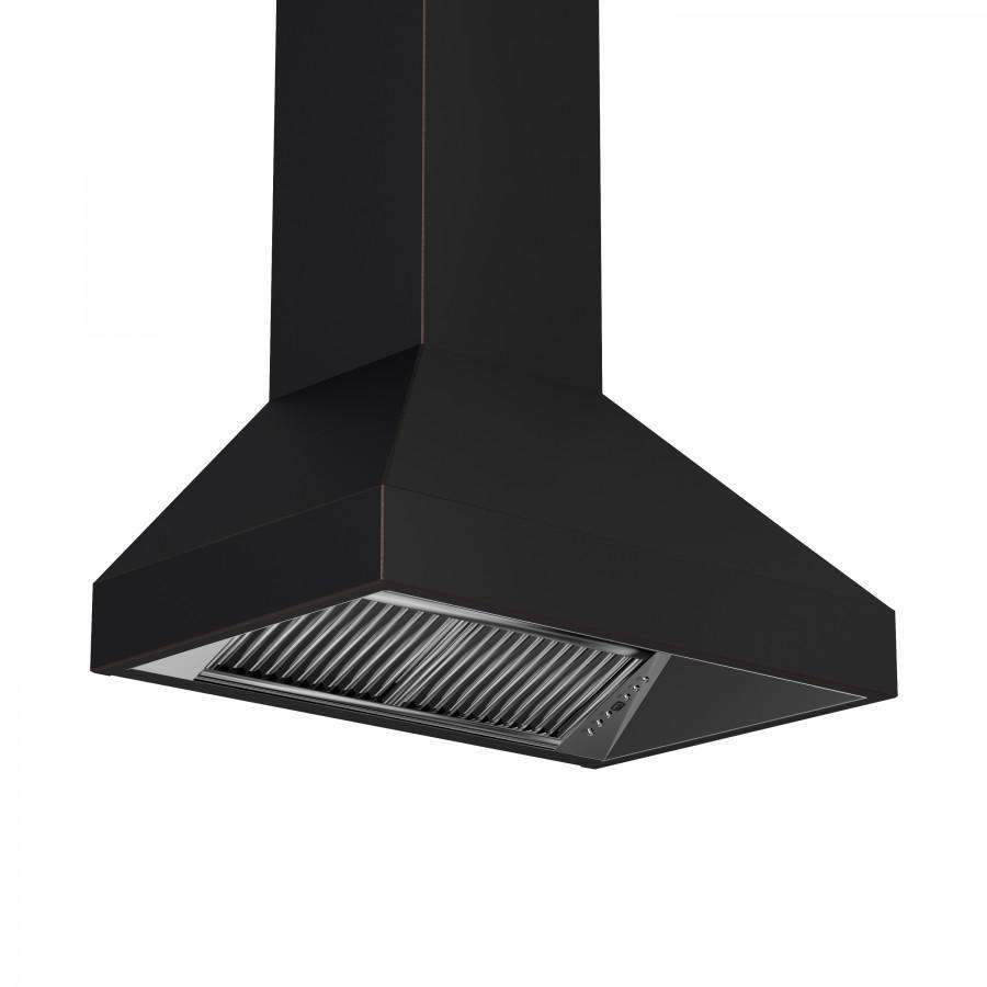 Wall-mounted range hood with dark chimney body and stainless vent baffle grille