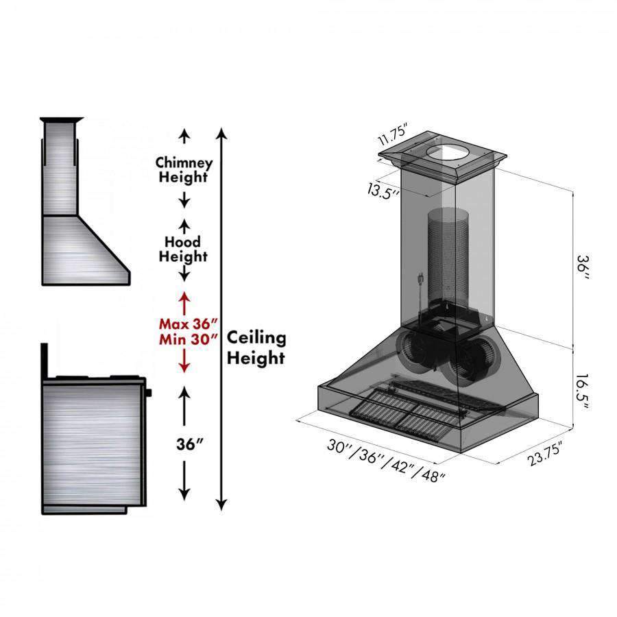 Wall range hood installation diagram with height and clearance measurements