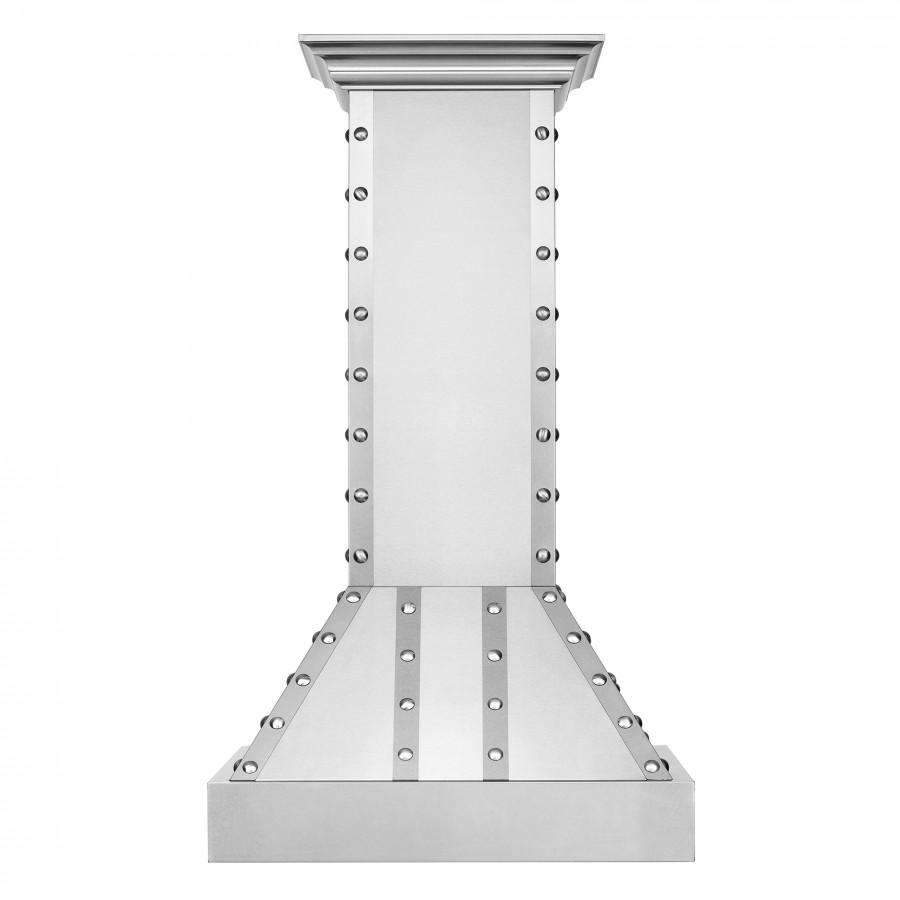 Stainless designer wall range hood with flared base and chimney column