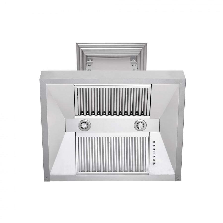 Stainless steel wall range hood filter area with slotted baffle plates