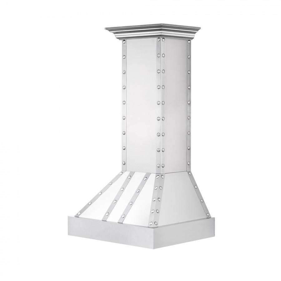 Stainless wall range hood chimney with riveted side panels and angled baffle base