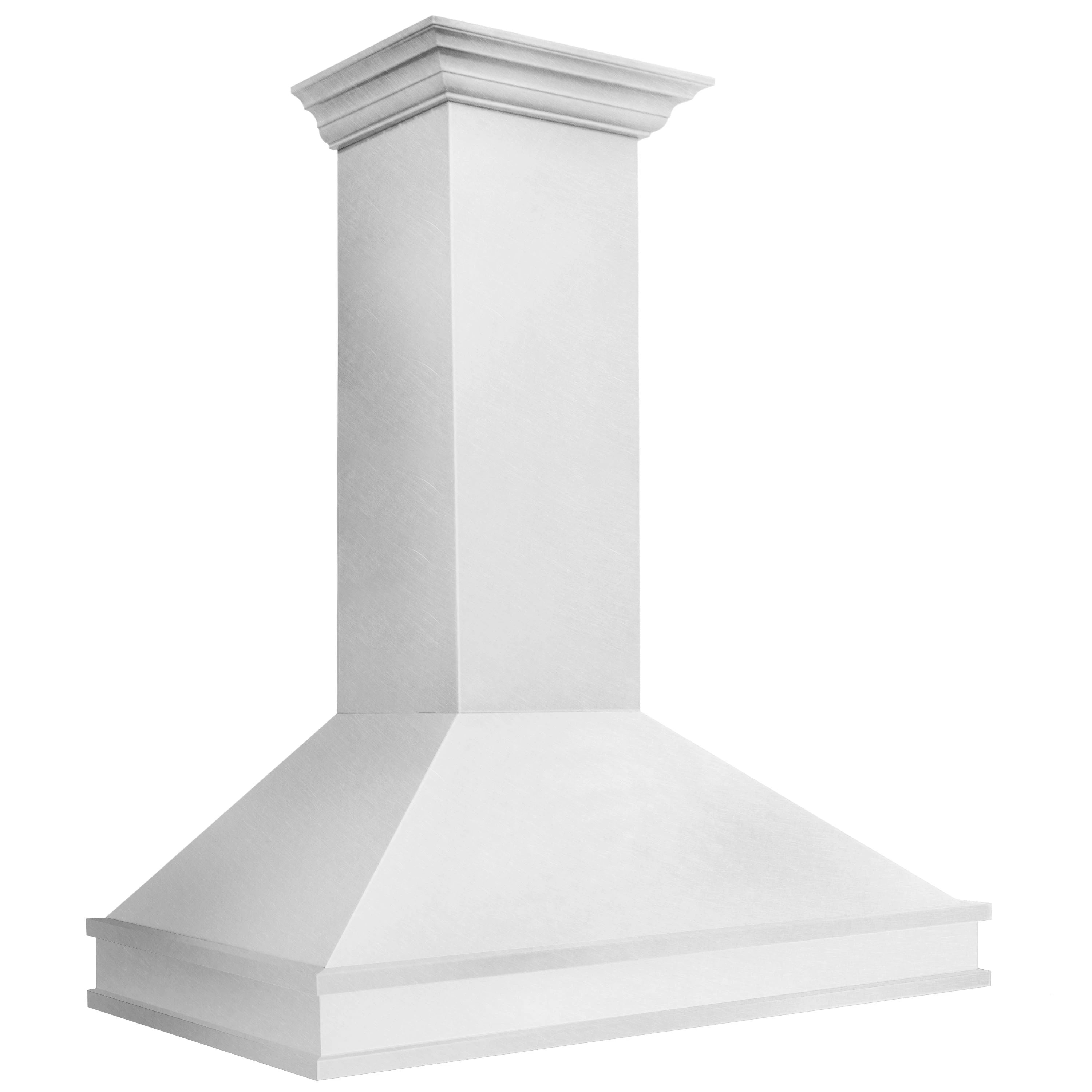 Chimney range hood wall mount with wide canopy and decorative chimney top