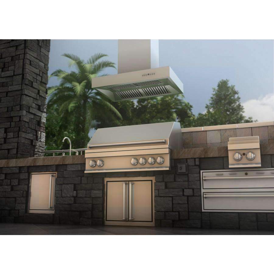 Outdoor stainless steel island mount range hood above outdoor kitchen burners