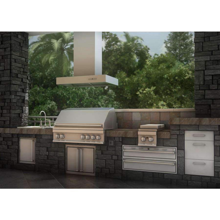 Stainless steel outdoor island mount range hood with chimney and vented filter grille