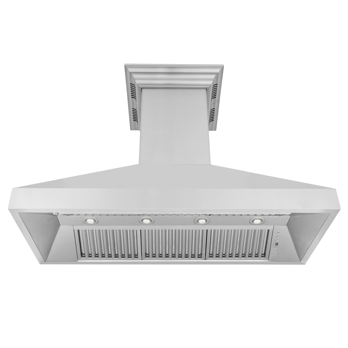 Stainless steel island range hood with front vent slats and underside lights