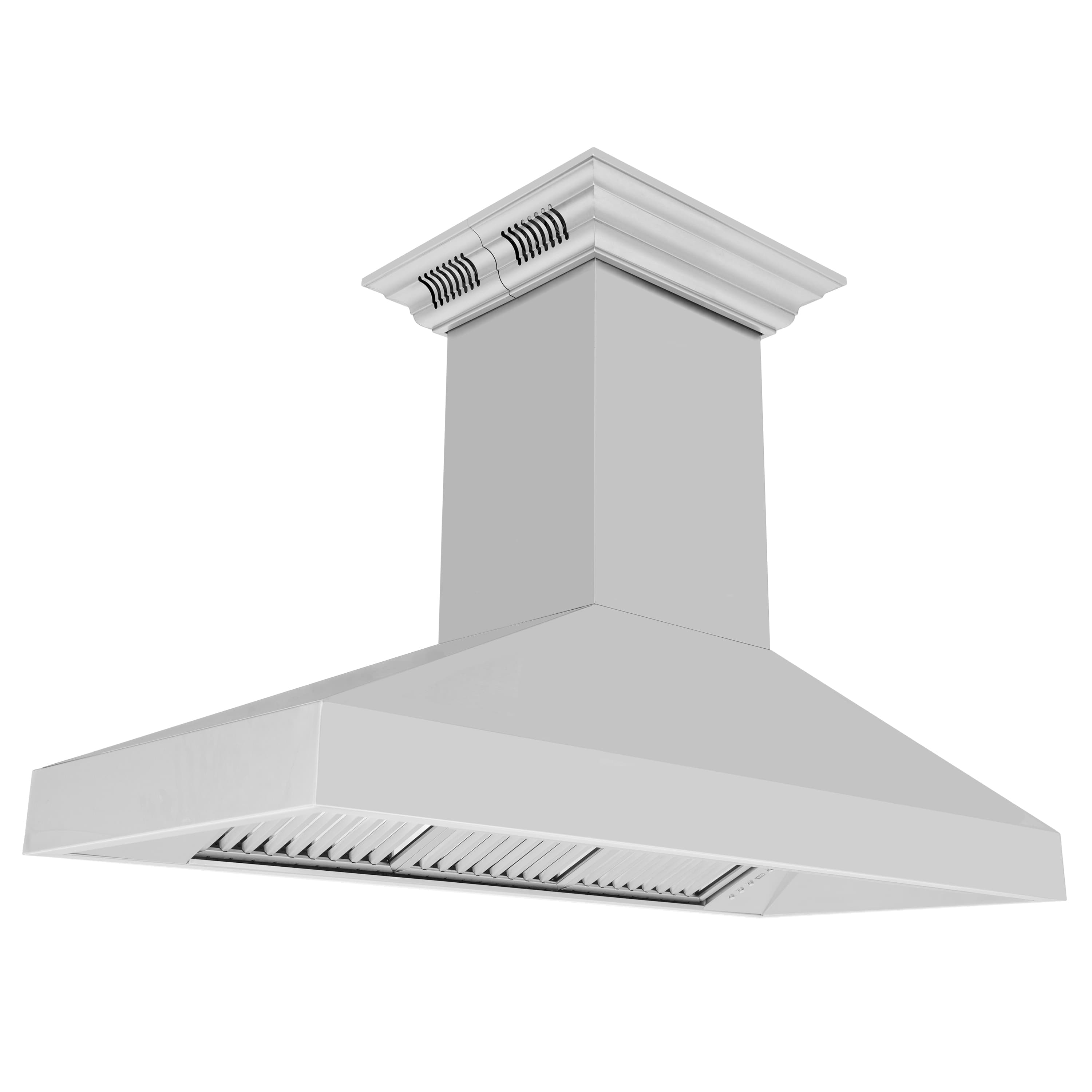 Stainless steel ducted island range hood with chimney body and front vent panel