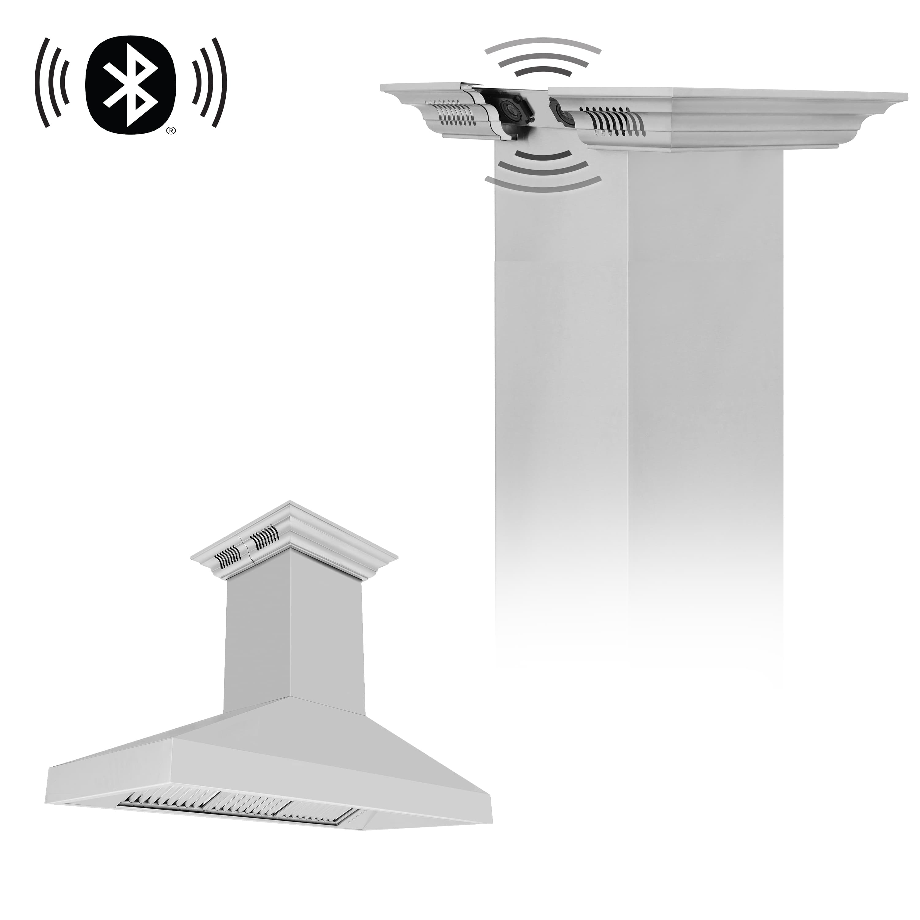 Stainless steel range hood with Bluetooth connectivity icon and signal waves