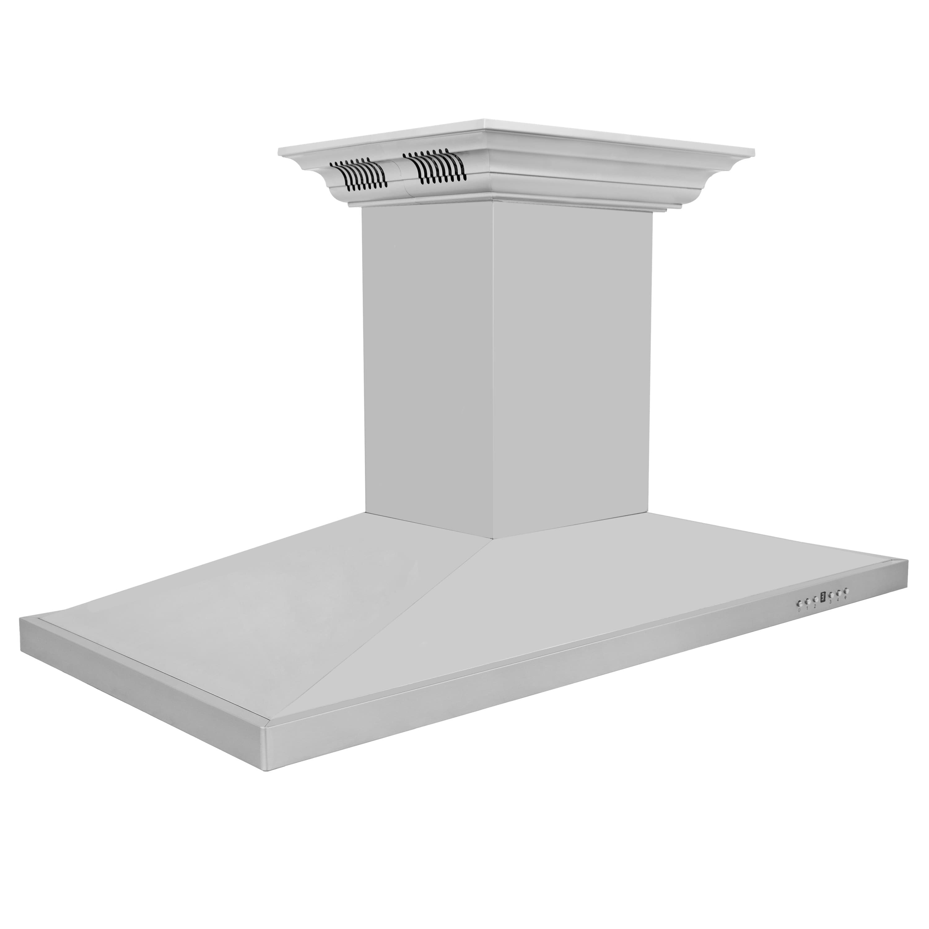 Stainless steel island range hood with vent grilles on chimney top and wide canopy