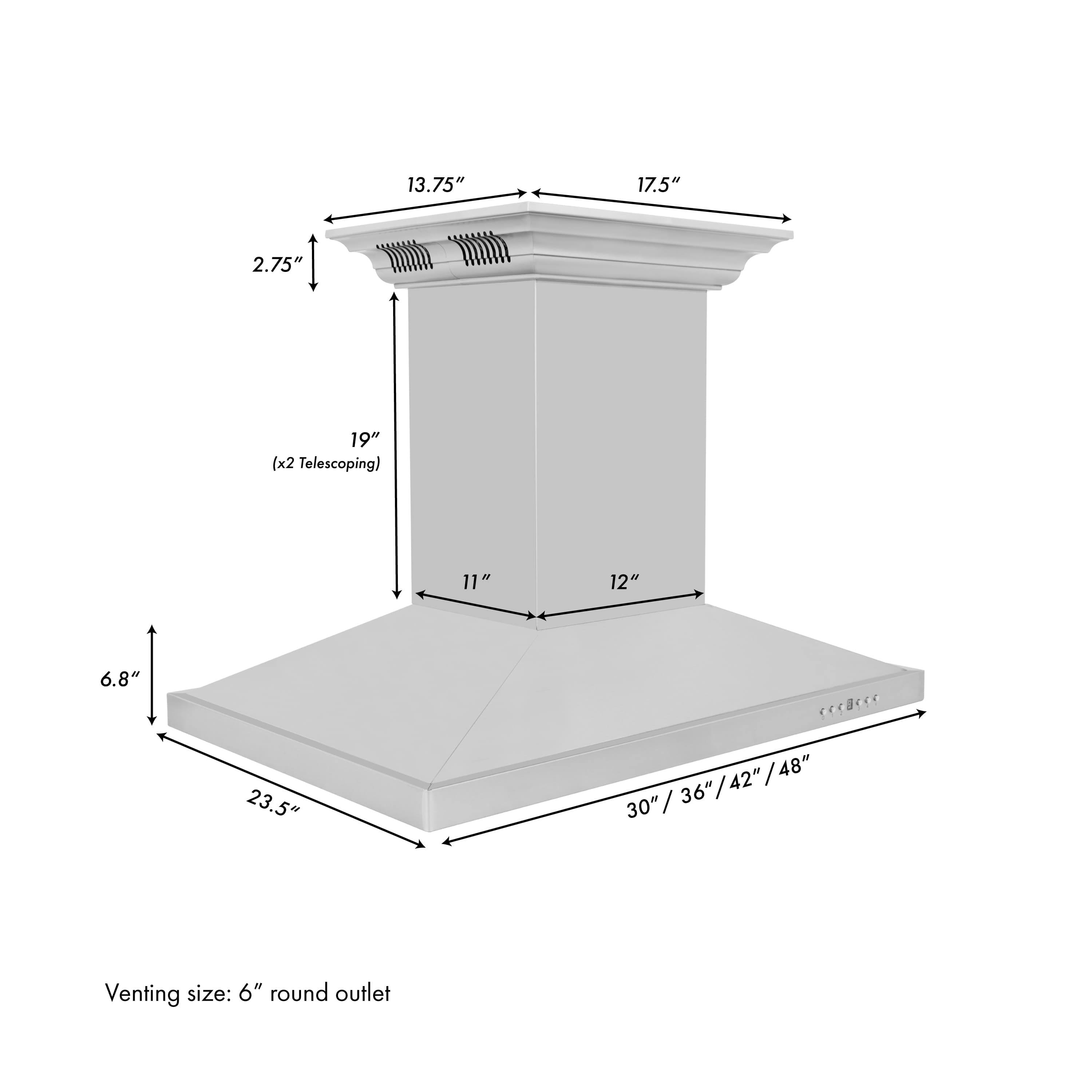 Island range hood size diagram with 6 in round vent outlet and dimensions