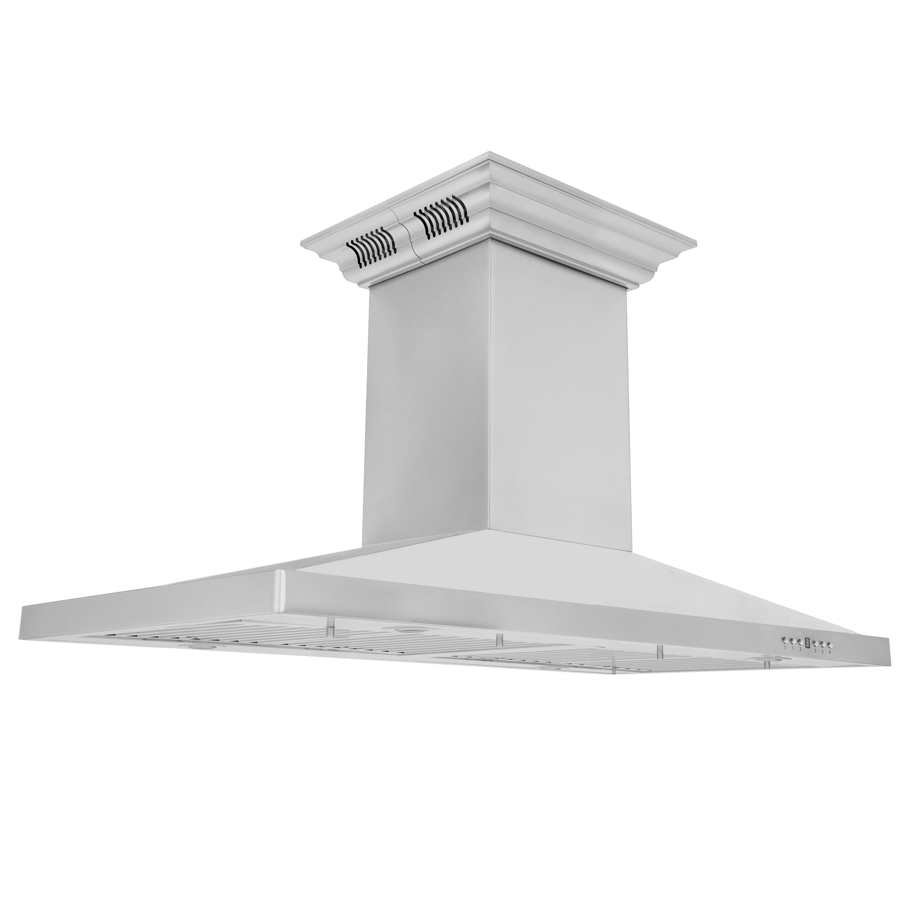 Stainless steel island mount range hood with tall chimney and vented canopy front view