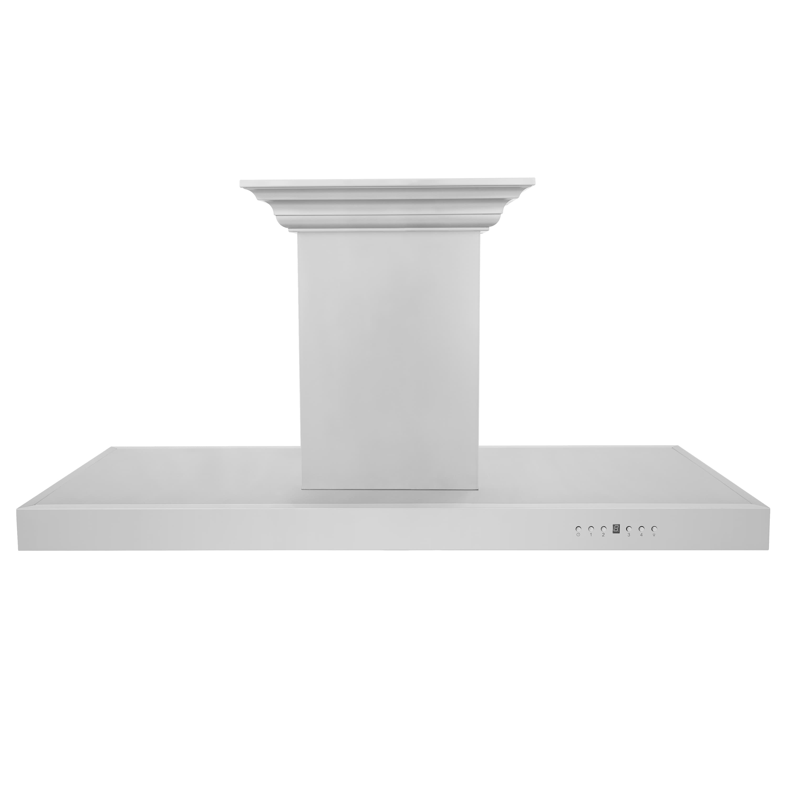 Island mount range hood front view with stainless chimney and slim control strip