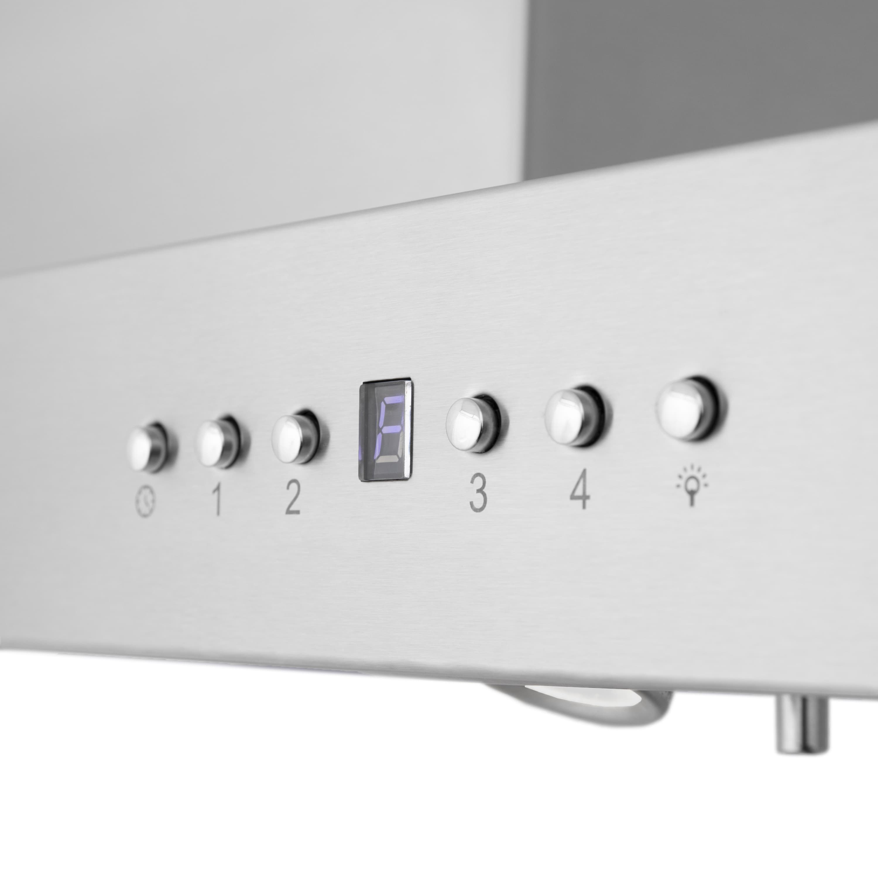 Stainless steel range hood control panel with LED display and fan buttons