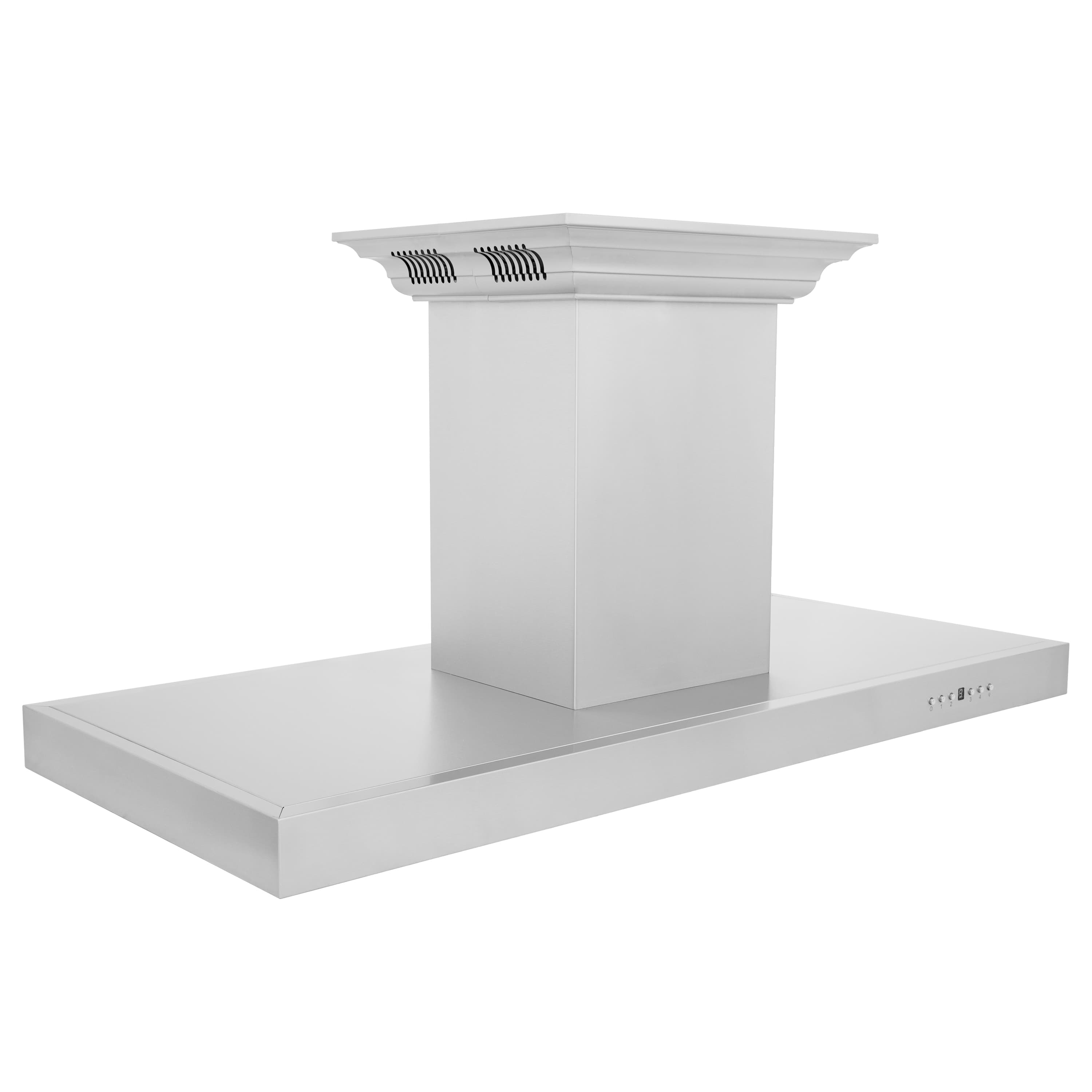 Island mount range hood with decorative crown top and ducted vent chimney