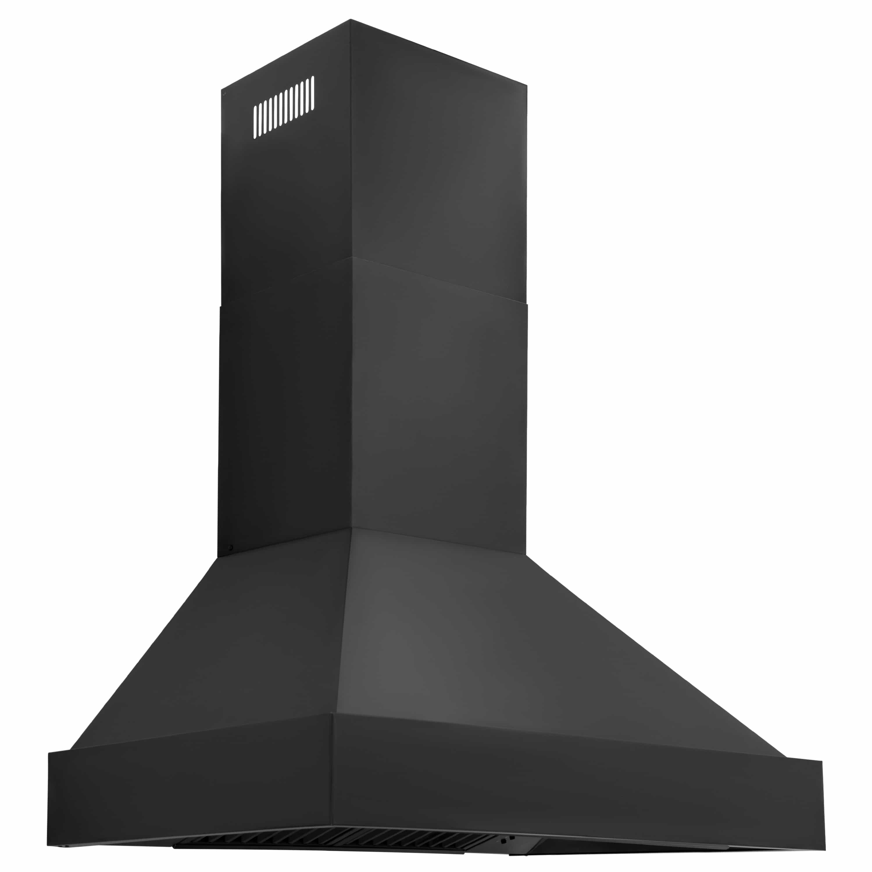 Black wall mount range hood with chimney body and front vent grille