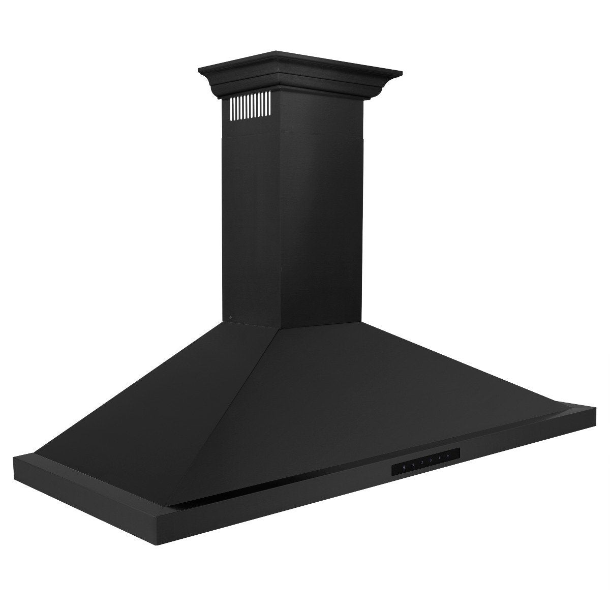 Black stainless steel convertible wall mount range hood with curved chimney and controls