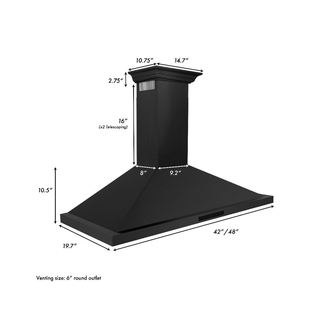 Black range hood with vent chimney and measurements diagram