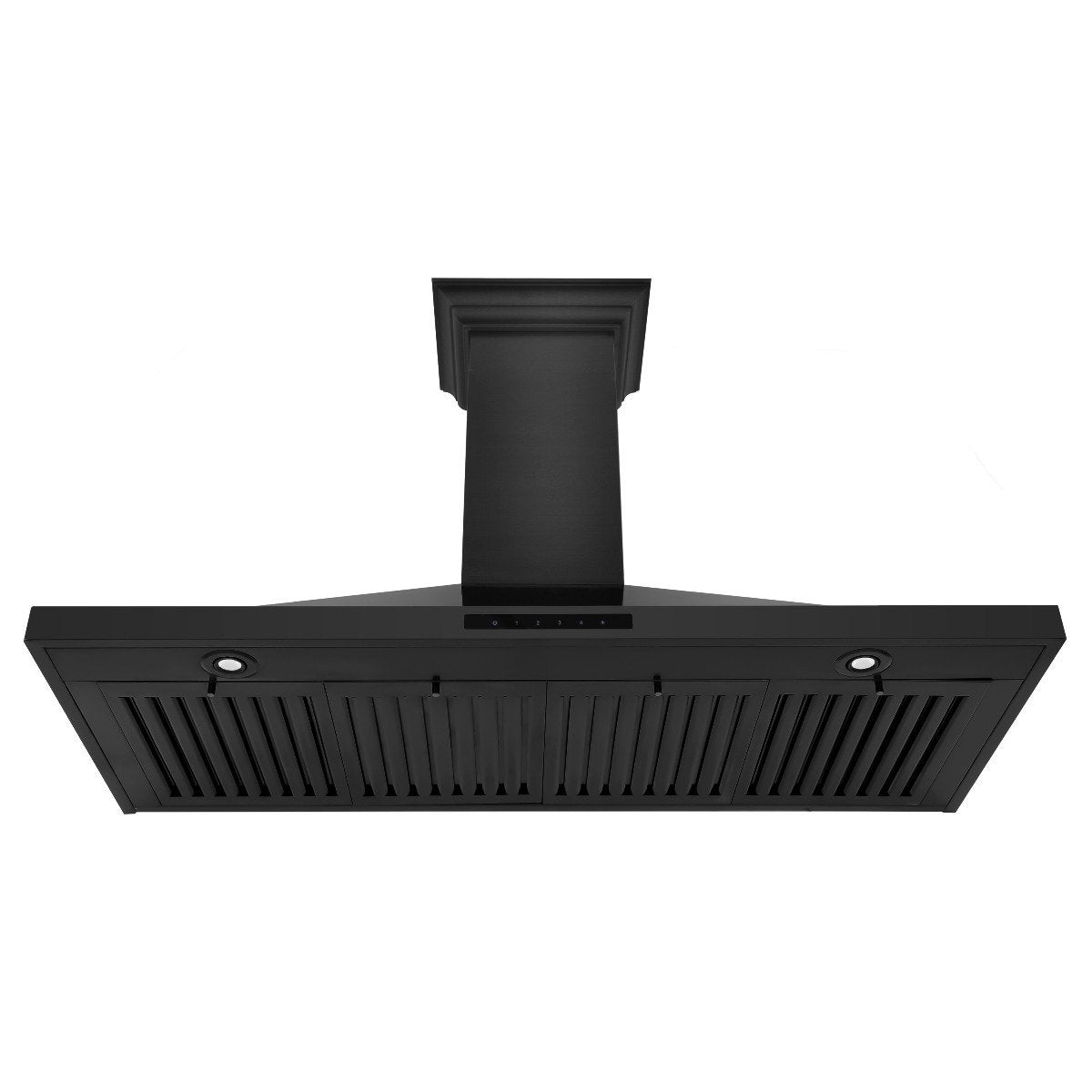 Black range hood underside with vent filters and central chimney mount