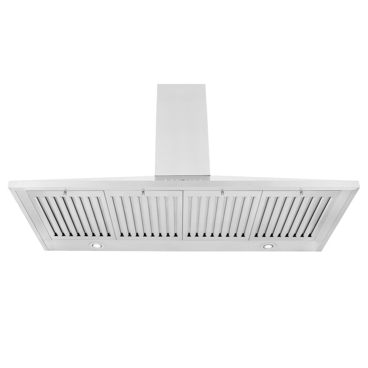 Stainless steel convertible vent hood underside with black baffle grilles