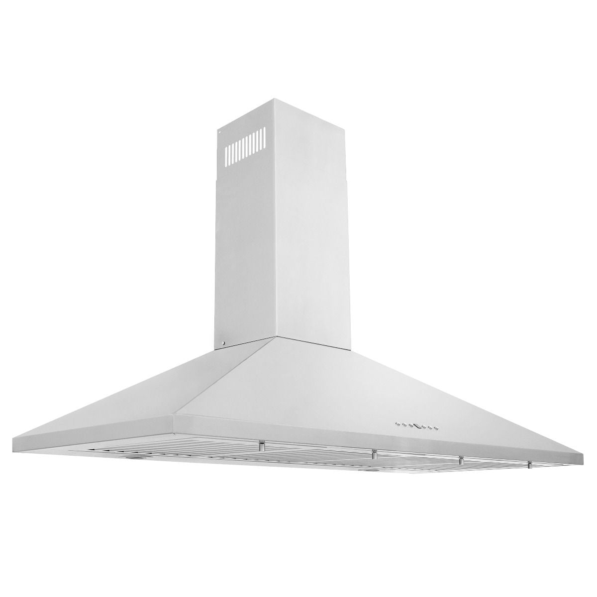 Stainless steel wall-mount range hood with tall chimney and wide canopy