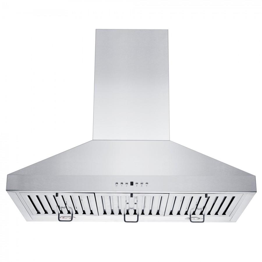 Stainless steel wall range hood with front baffle grate and touch-style control row