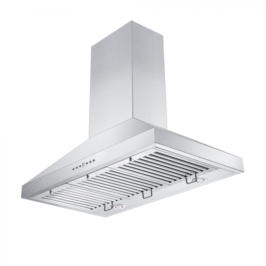 Stainless steel wall range hood with recessed vent grille, slatted filters, side rings
