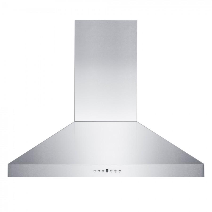 Stainless steel wall range hood with tall chimney and canopy vent control panel