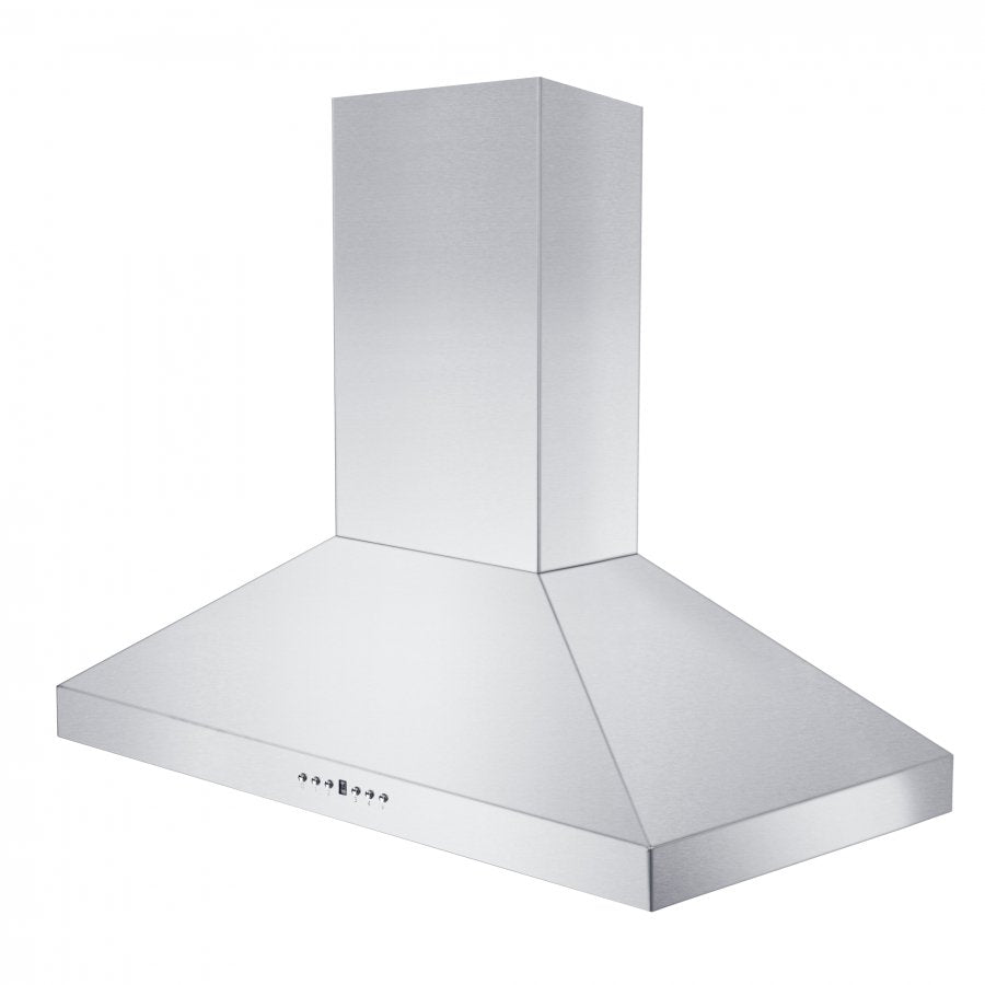 Stainless steel wall range hood with smooth chimney and wide flat canopy