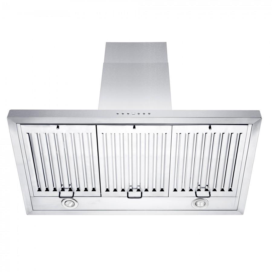 Stainless steel wall range hood with grille baffle filters and circular fan controls
