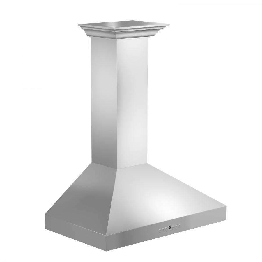 Stainless steel convertible range hood with crown molding chimney and wide canopy