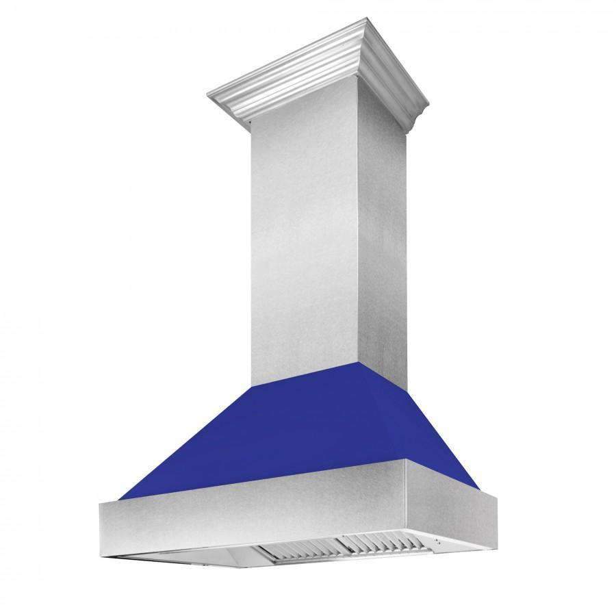 Stainless wall-mount range hood with blue matte chimney cover and vented canopy.