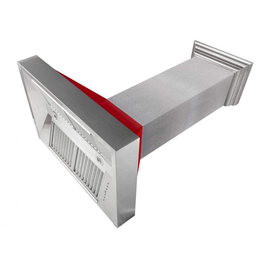 Angled view of stainless wall range hood with red gloss interior and vent panel