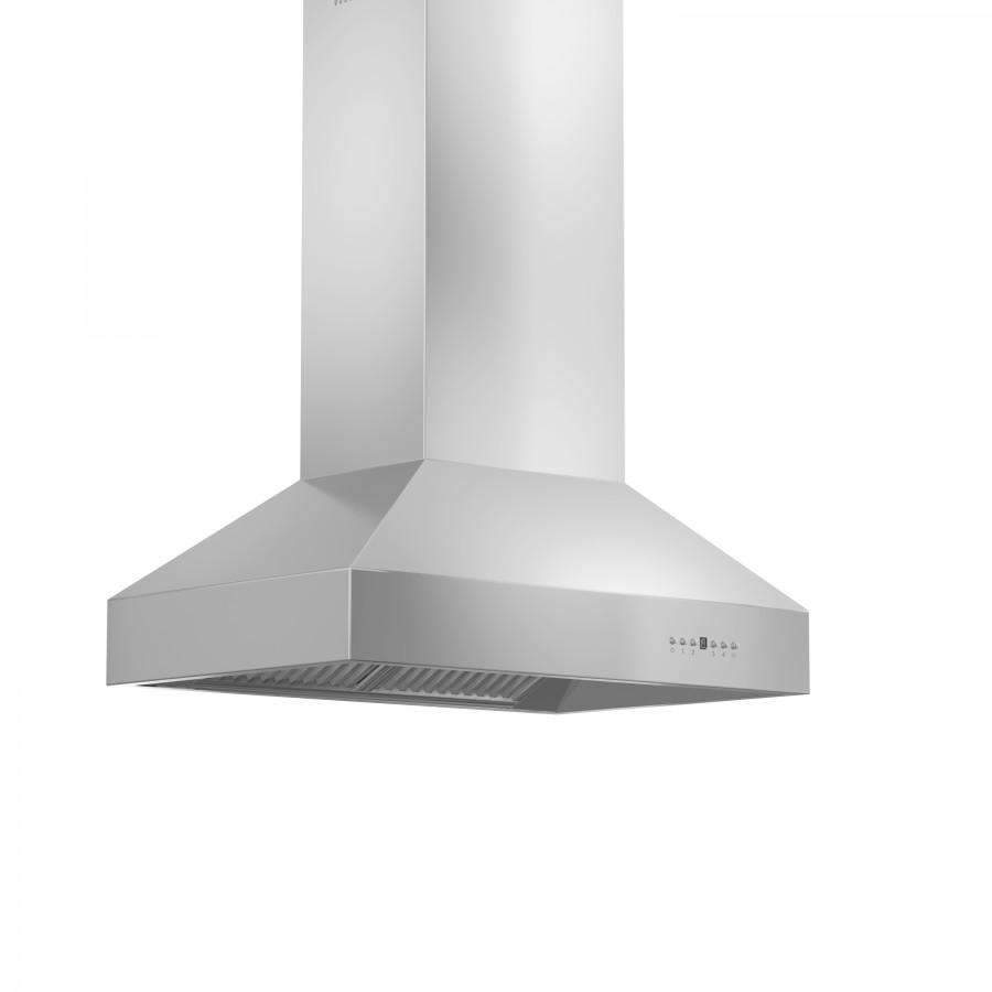 Stainless steel island range hood underside with vent grille and curved canopy