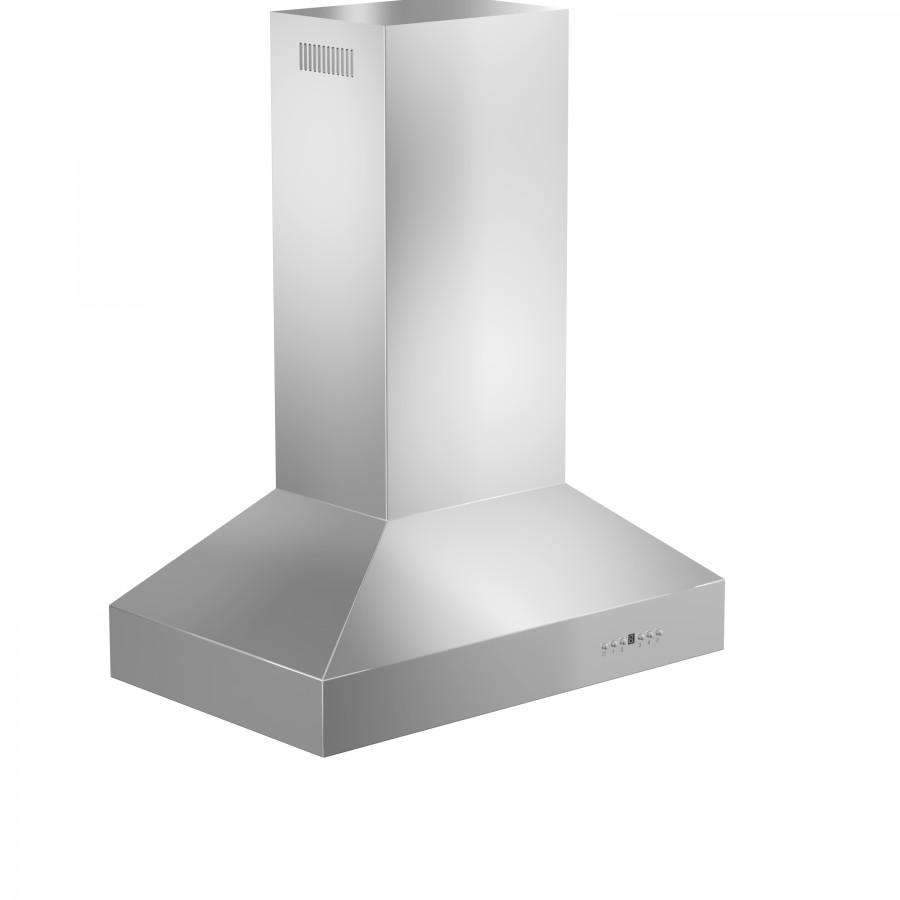 Stainless steel ducted island range hood underside with vent baffle and chimney