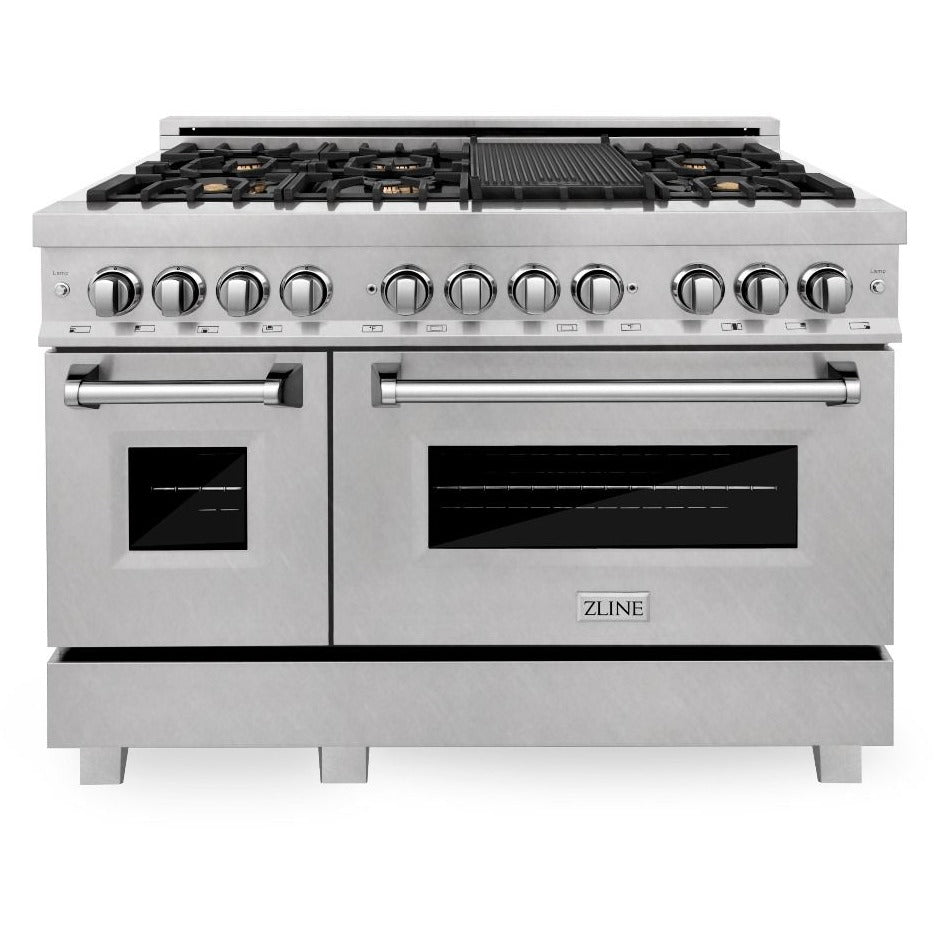 Stainless dual fuel range with two oven doors and brass-trimmed gas burners