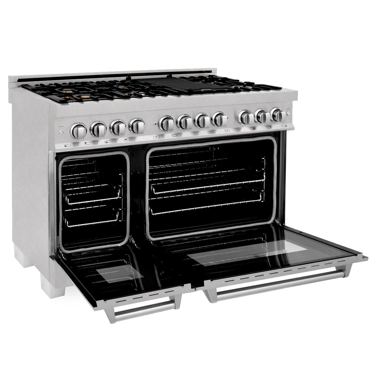 Dual fuel range front view with two oven doors, knob row, and black burner grates