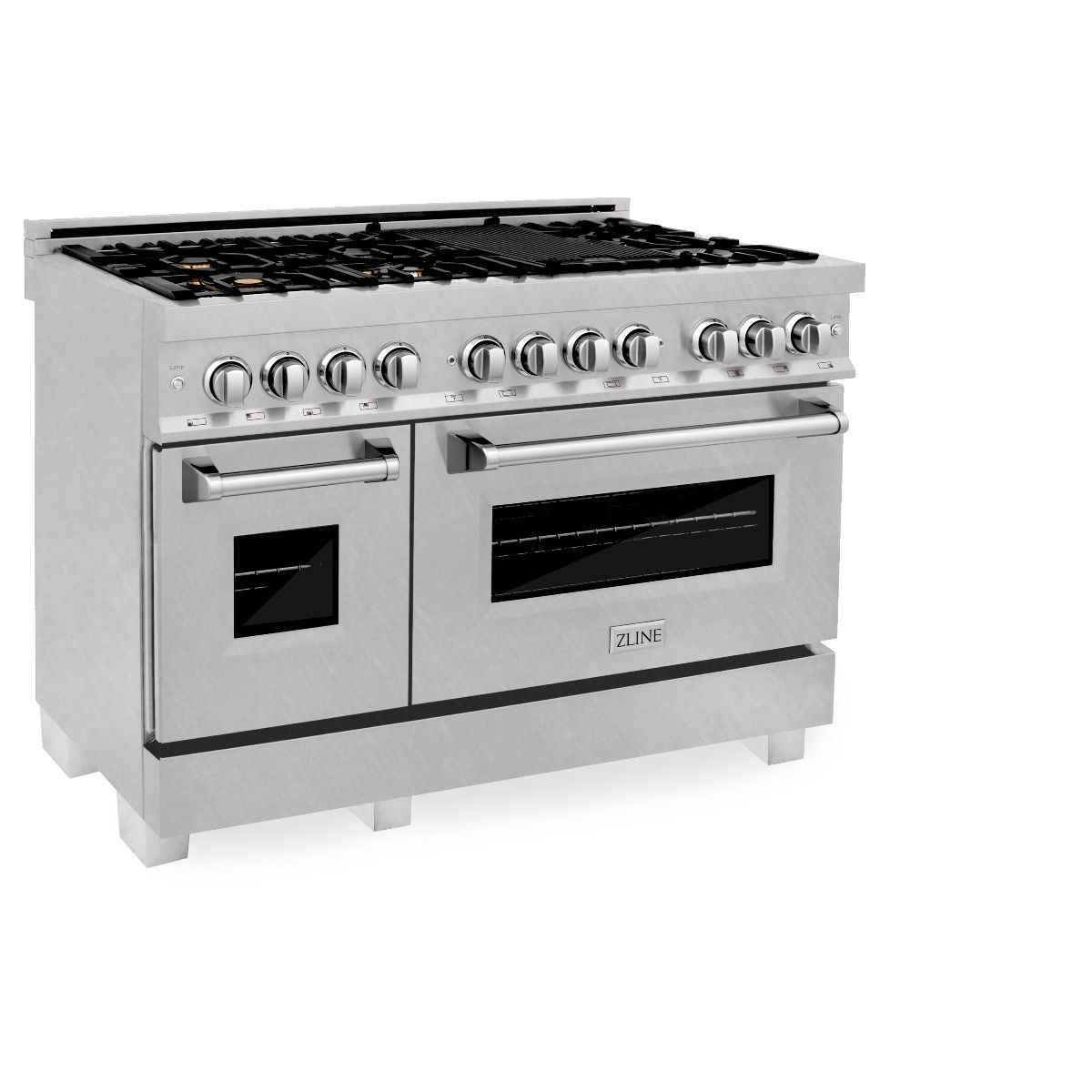 Stainless steel dual fuel range with brass burner accents and two front oven doors