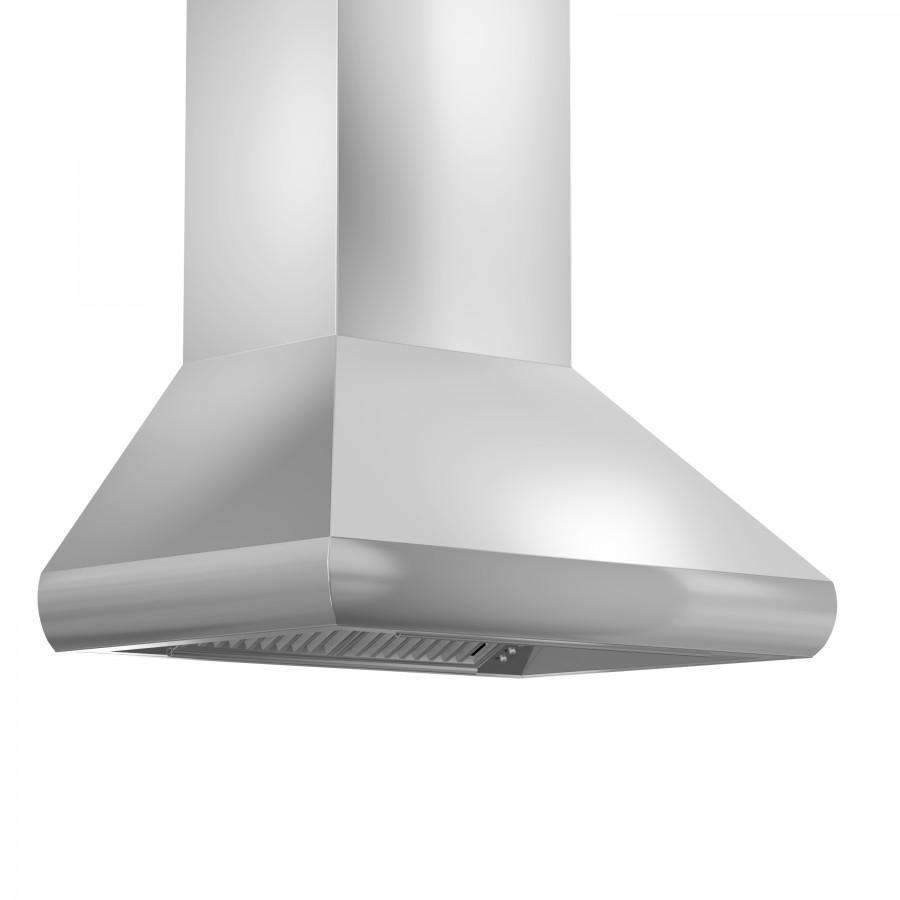 Stainless steel convertible range hood with angled chimney and wide canopy