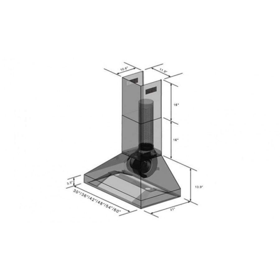 Stainless steel range hood diagram showing dimensions and chimney exhaust path.