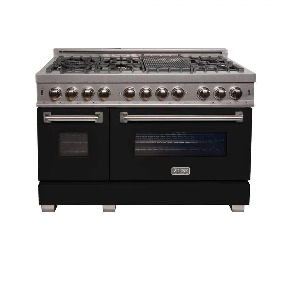 Dual fuel range front view with stainless steel cooktop, black doors, and chrome control knobs