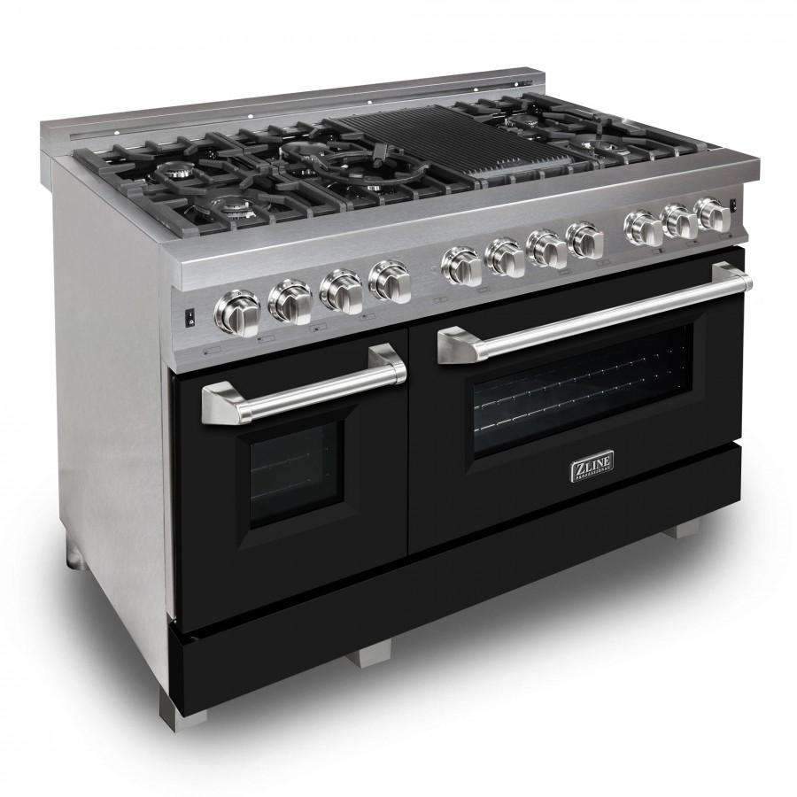Dual fuel range with stainless steel cooktop, black matte doors, chrome knobs and handles