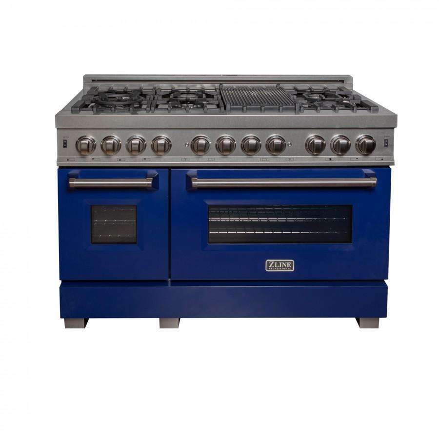 Dual fuel range with blue glossy doors, stainless top, and black burner grates