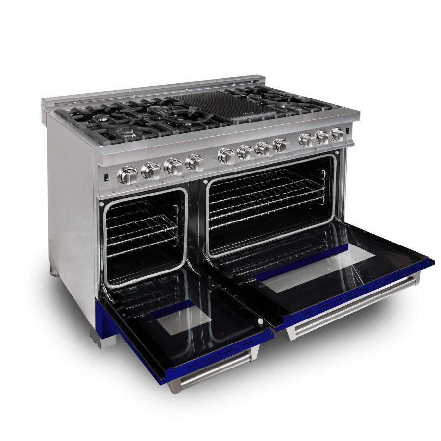 Dual fuel range with stainless exterior, blue drawer, and open oven doors
