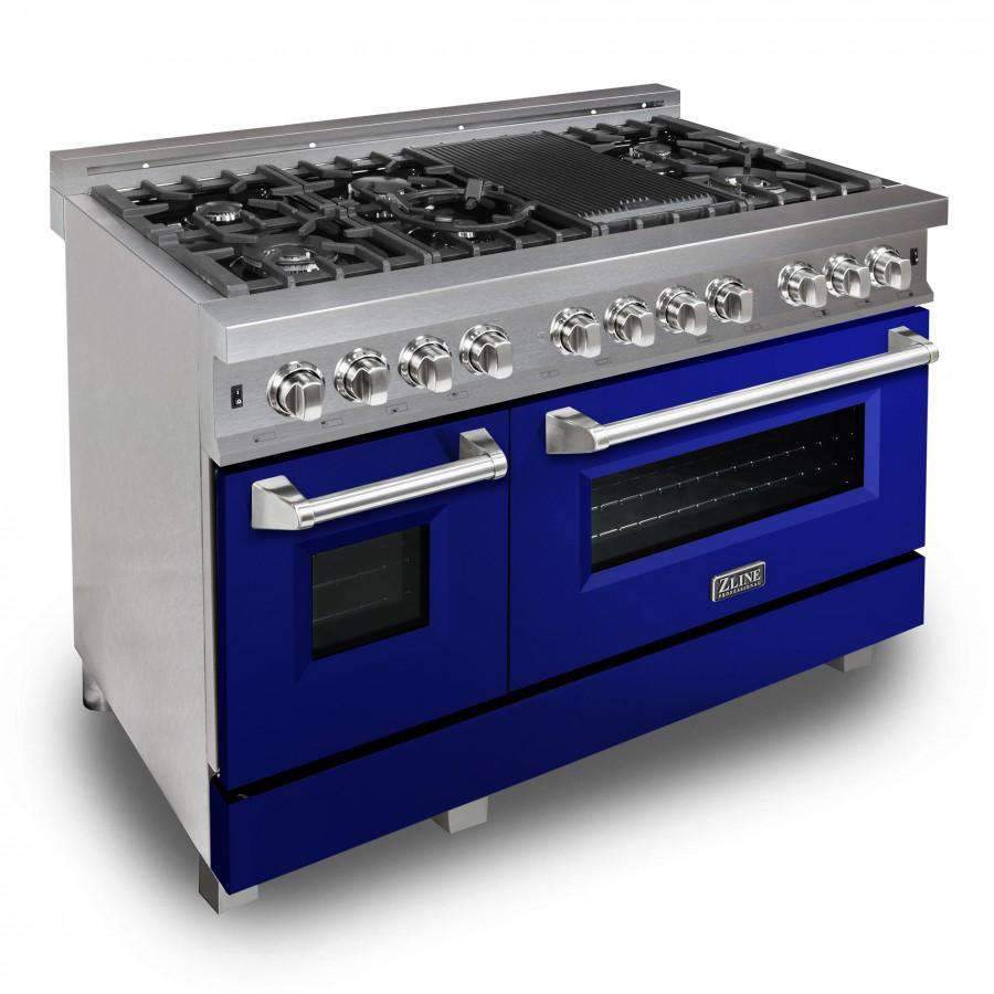 Dual fuel range with stainless top, chrome knobs, and blue glossy oven doors