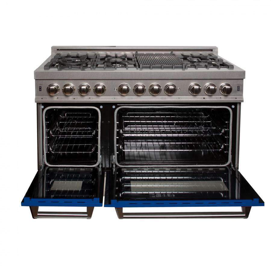 Stainless steel dual fuel range with two open ovens and black racks