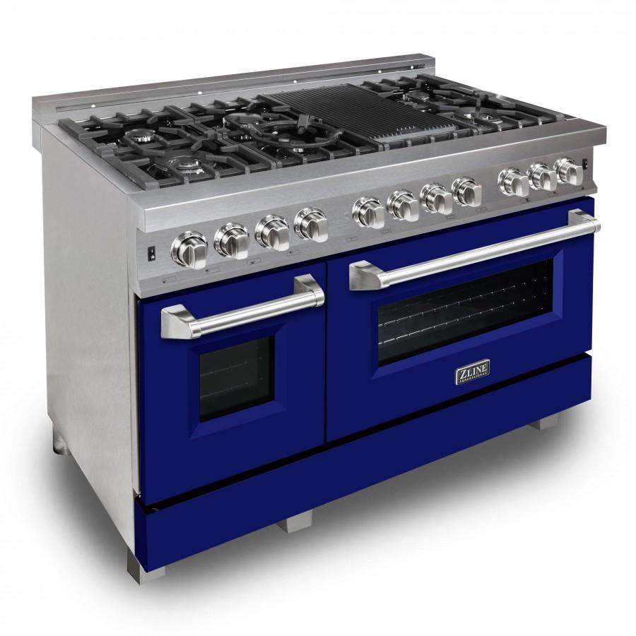 Stainless dual fuel range with blue cabinet, front doors, and side control knobs