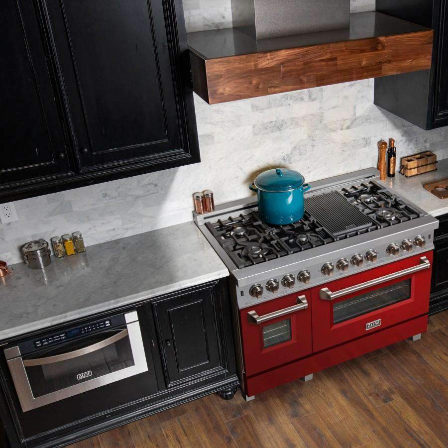 Red and stainless dual-fuel range with black burner grates and control knobs
