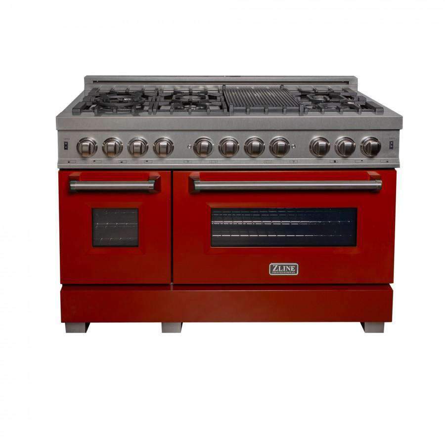 Red glossy dual-fuel range with stainless cooktop, chrome knobs, and two oven doors