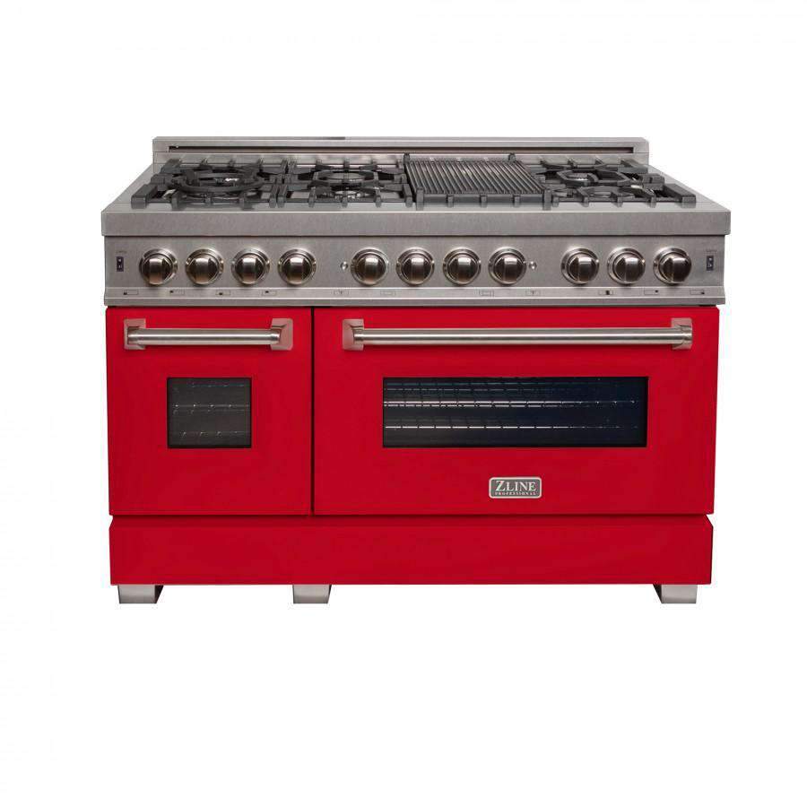 48-inch dual fuel range front view with stainless cooktop, red oven doors, chrome knobs