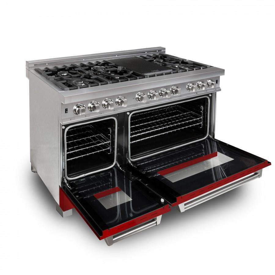 Dual fuel range with open ovens showing black racks, stainless frame, red matte base